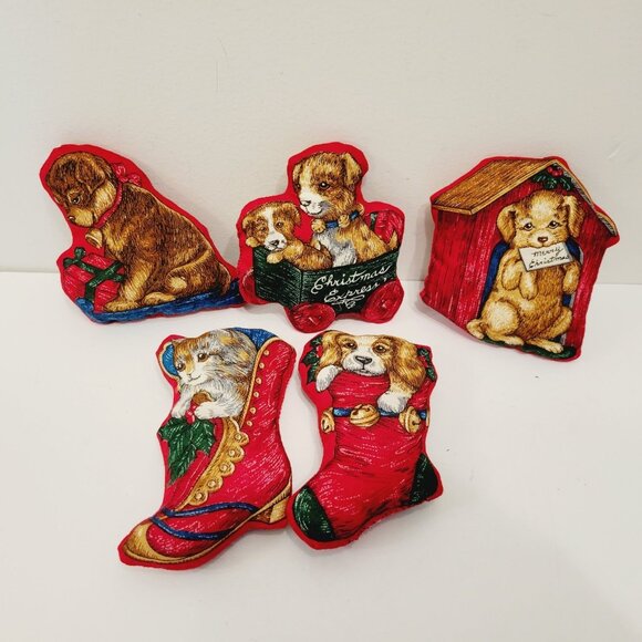 5 Mini Puppy Dog Kitty Cat Kitten Holiday Christmas Plush Fabric Hand Sewn - Picture 5 of 5